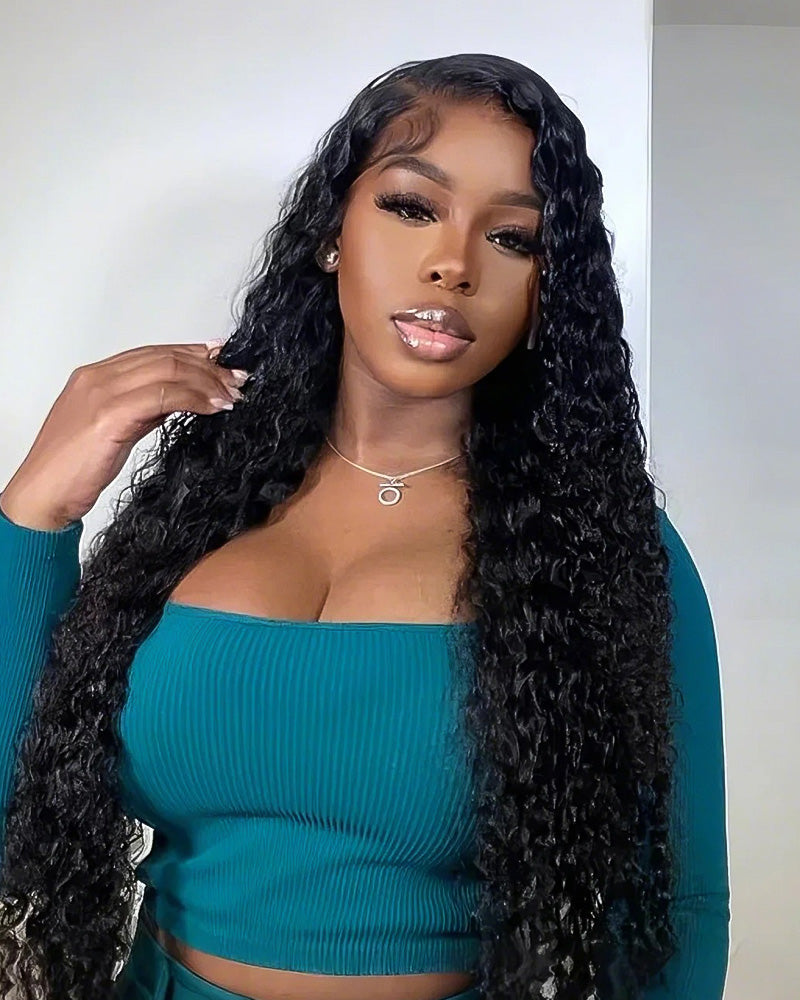 000Deep Wave Natural Black Long Length Glueless 5x5 Lace Closure Human Hair Wig 30