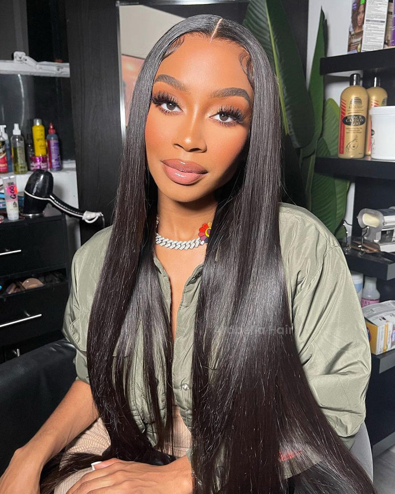 Bone Straight Black Color Remy 200?nsity 13x6 24Inch Transparent Lace Human Hair Wig Pre Plucked For Black Women - 200165144