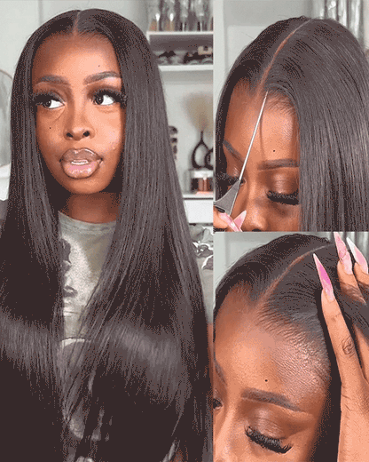 Silky Straight Natural Black 13x4/6x5 Pre-Cut Lace Front Human Hair Wig