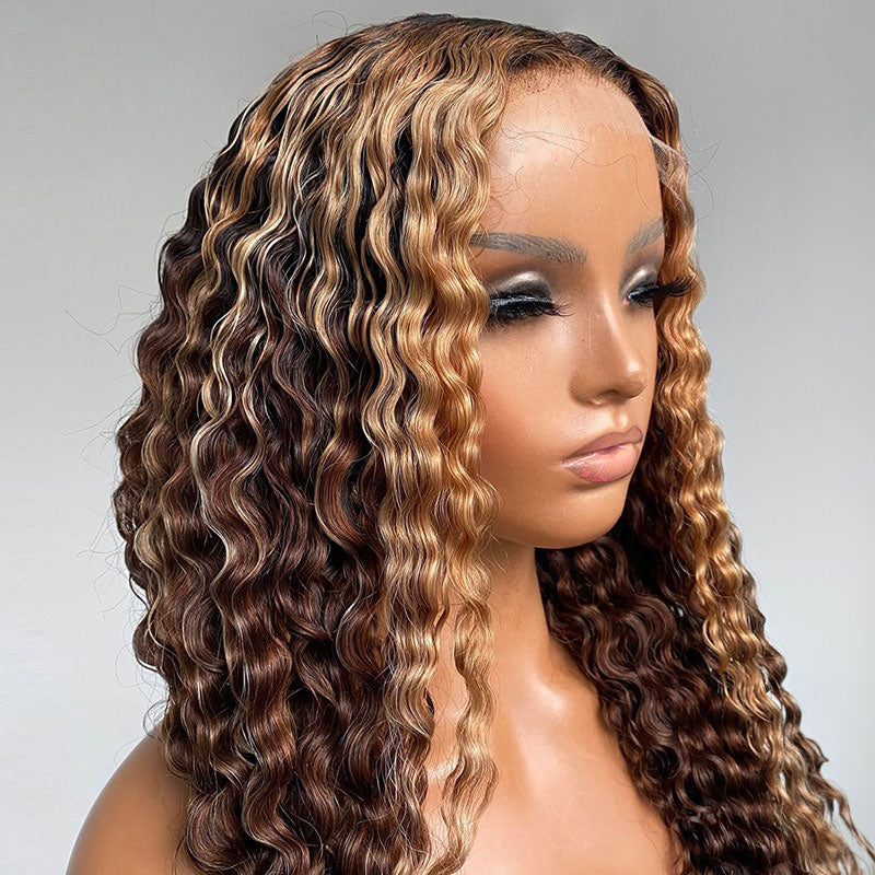 4x4 Closure Lace Glueless Wig with Honey Blonde Piano Highlights - Natural Wave Curly Wig Style