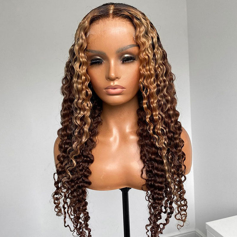 4x4 Glueless Lace Closure Honey Blonde Piano Highlights Colored Natural Wave Curly Human Hair Wig
