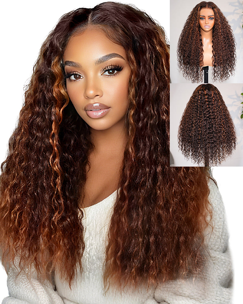 Arabella 13x6 Three-Go™ Glueless Wig Dark Brown With Highlights Water Wave With Drawstring For Beginner
