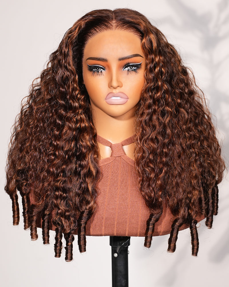 Arabella 13x6 Three-Go™ Glueless Wig Dark Brown Highlights Burmese Curly With Drawstring