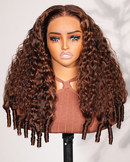 Arabella 13x6 Three-Go™ Glueless Wig Dark Brown Highlights Burmese Curly With Drawstring