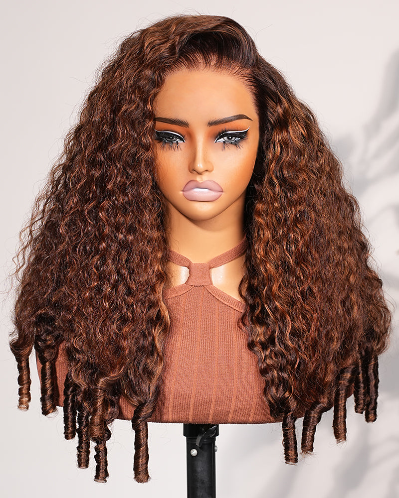 Arabella 13x6 Three-Go™ Glueless Wig Dark Brown Highlights Water Wave Finger Coil Ends With Drawstring