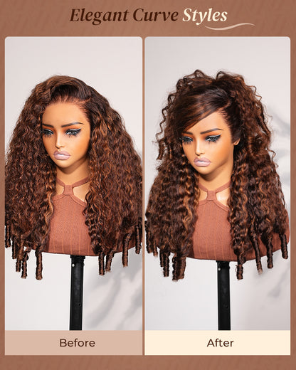 Arabella 13x6 Three-Go™ Glueless Wig Dark Brown Highlights Water Wave Finger Coil Ends With Drawstring