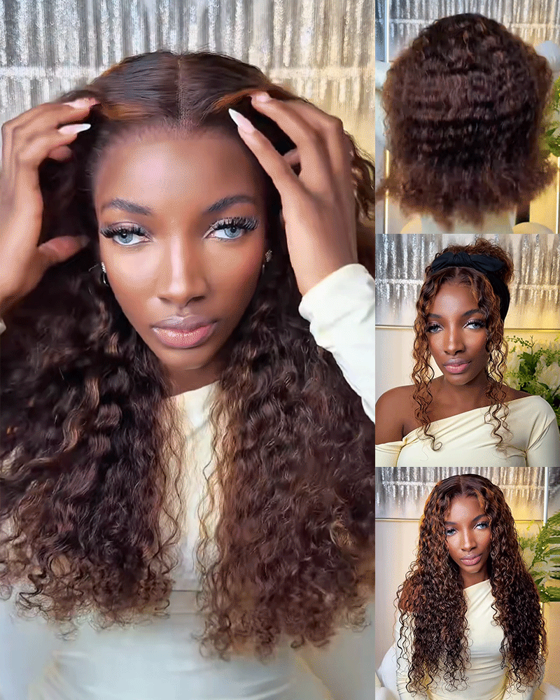 Arabella 13x6 Three-Go™ Glueless Wig Dark Brown Highlights Water Wave Finger Coil Ends With Drawstring