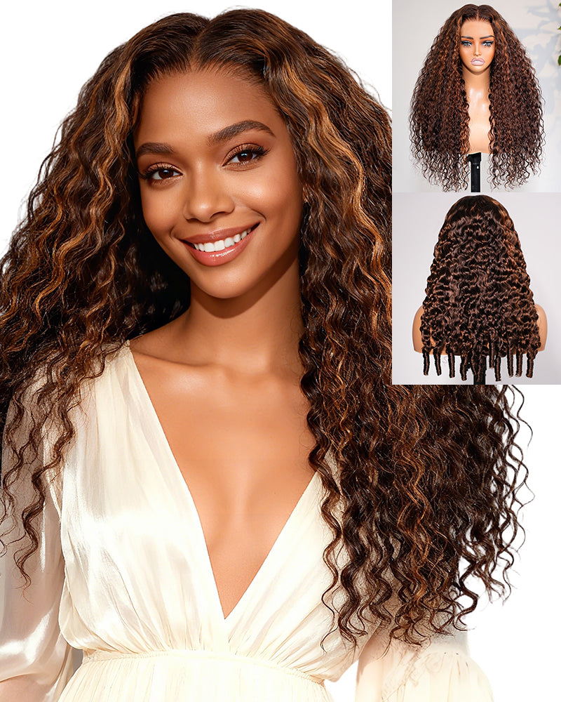 Arabella 13x6 Three-Go™ Glueless Wig Dark Brown Highlights Water Wave Finger Coil Ends With Drawstring