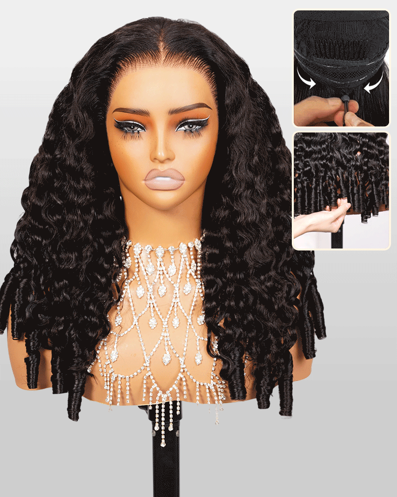 Arabella 13x6 Three-Go™ Glueless Wig Water Wave With Finger Coil Ends Natural Black With Drawstring
