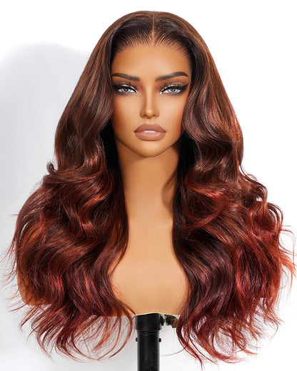 Pure-Luxe™ Airtouch Balayage Highlights Burgundy Ombre Color Blowout In Wavy Pre-Cut 13x6 Lace Ultra-Dense Glueless Human Hair Wig