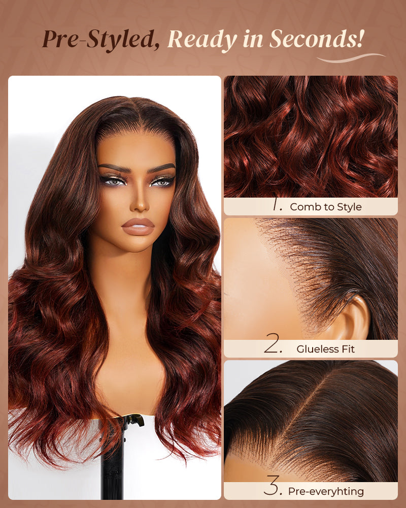 Pure-Luxe™ Airtouch Balayage Highlights Burgundy Ombre Color Blowout In Wavy Pre-Cut 13x6 Lace Ultra-Dense Glueless Human Hair Wig