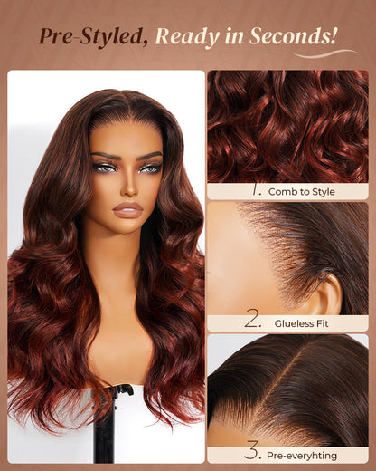 Pure-Luxe™ Airtouch Balayage Highlights Burgundy Ombre Color Blowout In Wavy Pre-Cut 13x6 Lace Ultra-Dense Glueless Human Hair Wig