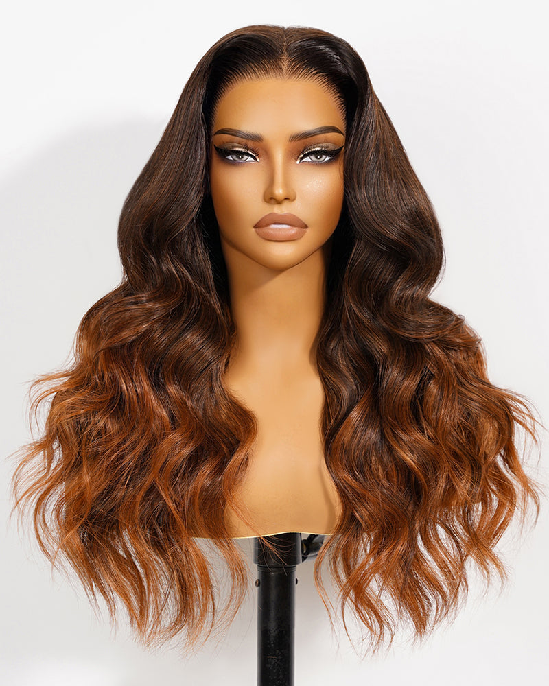 Pure-Luxe™ Airtouch Balayage Caramel Highlights Ombre Color Blowout In Wavy Pre-Cut 13x6 Lace Ultra-Dense Glueless Human Hair Wig