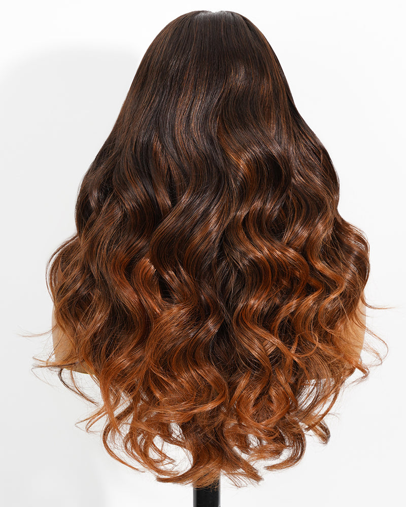 Pure-Luxe™ Airtouch Balayage Caramel Highlights Ombre Color Blowout In Wavy Pre-Cut 13x6 Lace Ultra-Dense Glueless Human Hair Wig