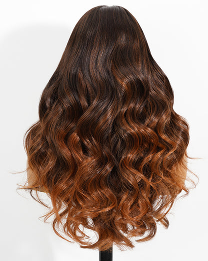Pure-Luxe™ Airtouch Balayage Caramel Highlights Ombre Color Blowout In Wavy Pre-Cut 13x6 Lace Ultra-Dense Glueless Human Hair Wig
