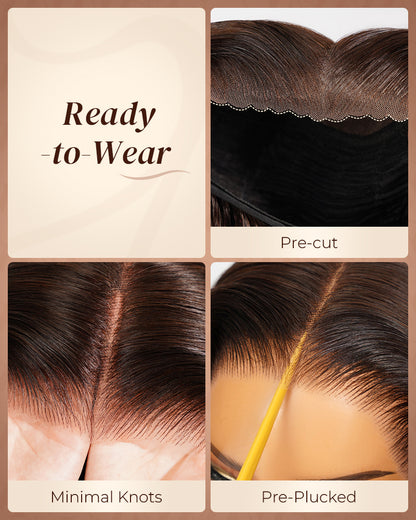Pure-Luxe™ Airtouch Balayage Caramel Highlights Ombre Color Blowout In Wavy Pre-Cut 13x6 Lace Ultra-Dense Glueless Human Hair Wig