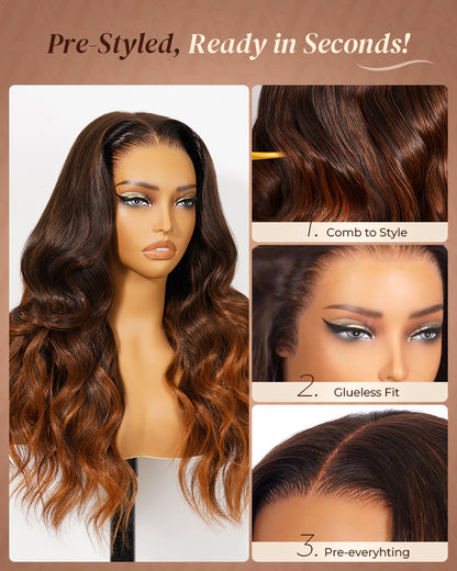 Pure-Luxe™ Airtouch Balayage Caramel Highlights Ombre Color Blowout In Wavy Pre-Cut 13x6 Lace Ultra-Dense Glueless Human Hair Wig