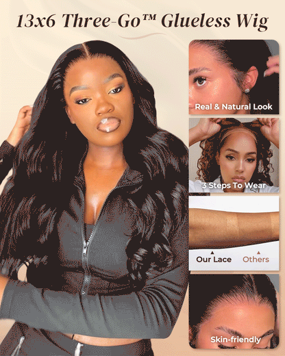 Arabella 13x6 Three-Go™ Glueless Wig Body Wave With Drawstring Natural Black 100% Human Hair Wig