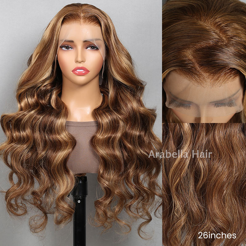 Honey Blonde Piano Highlight Color Glueless Pre-cut 6x5 Lace Body Wave Human Hair Wigs