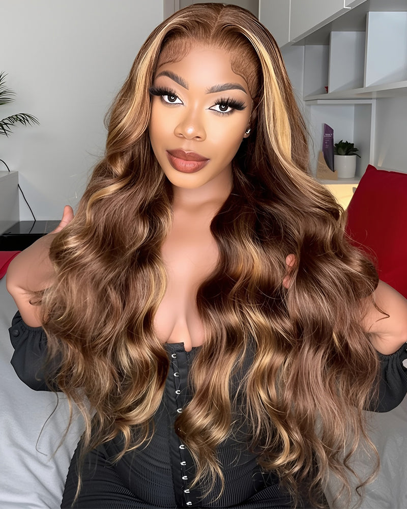 Honey Blonde Piano Highlight Color Glueless Pre-cut 6x5 Lace Body Wave Human Hair Wigs