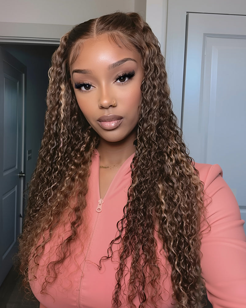 Piano Highlight Color Water Wave Curly 13x4/6x5 Lace Human Hair Wig Free Parting