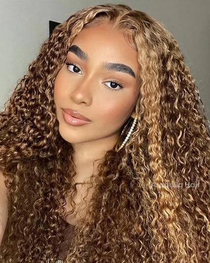Piano Highlight Color Water Wave Curly 13x4/6x5 Lace Human Hair Wig Free Parting