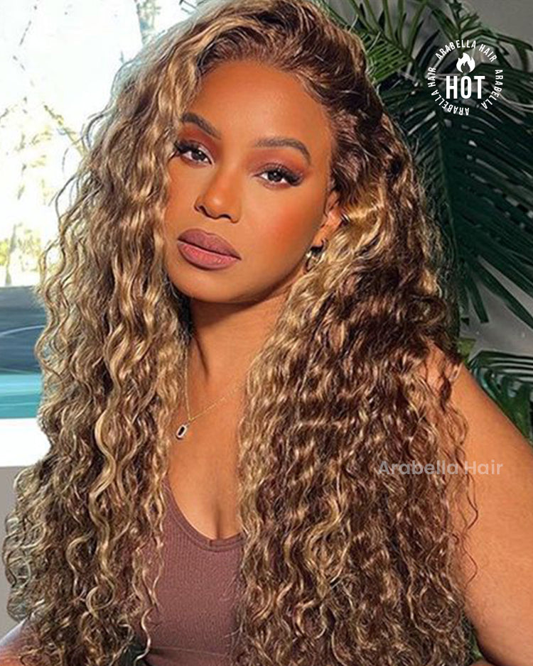 000Arabella 13x4 Frontal Lace &amp; 6x5 Invisible Knots Glueless Honey Blonde Highlights On Brown Wig Water Wave Wig Invisible Knots