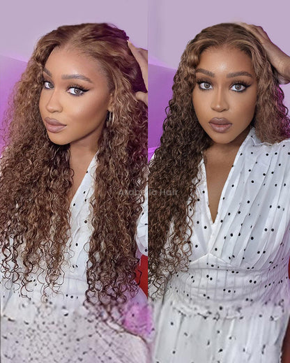 Piano Highlight Color Water Wave Curly 13x4/6x5 Lace Human Hair Wig Free Parting