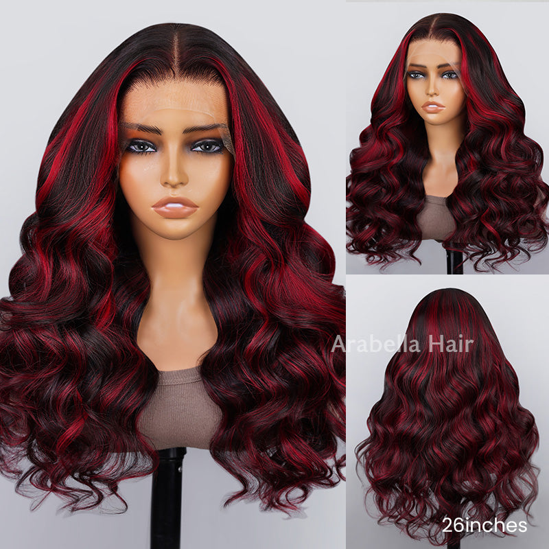 13x4 Lace Dark Burgundy With Rose Red Highlights Body Wave HD Lace Color Wigs Free Part