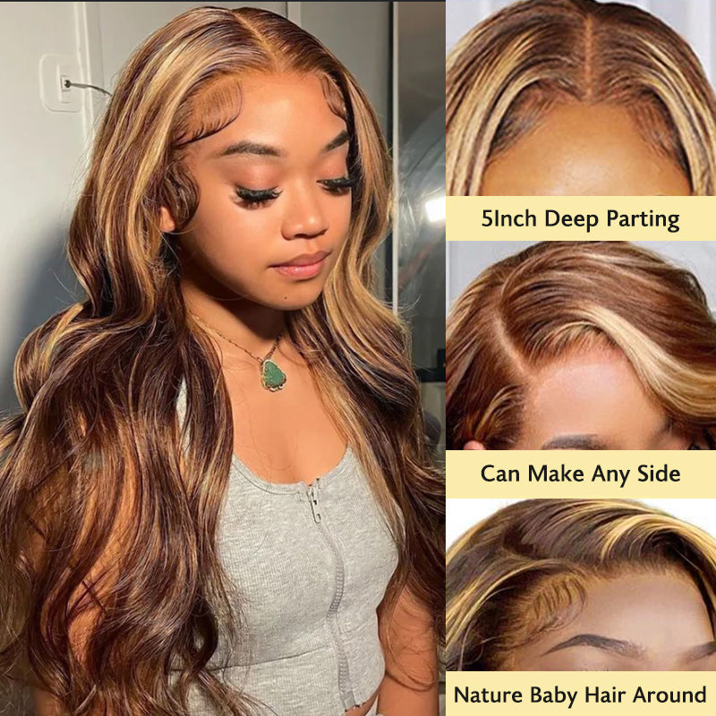 Human hair wig 13x4/5x5 HD Lace Front Body Wave Wig Honey Blonde Piano Highlights Transparent Human Hair Wigs 250% Density Free Part - arabellahair.com