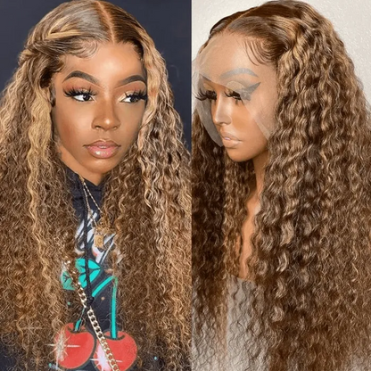 Human hair wig 13*6 Lace Curly Wave Wig Honey Blonde Piano Highlights Color Lace FrontDeep Wave 250% Density  Human Hair Wigs Free Part - arabellahair.com