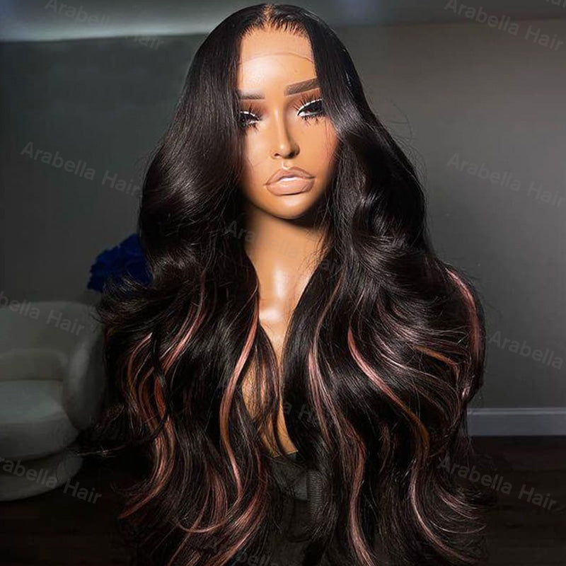 Peekaboo Highlight Pink Highlight Colored Wig Body Wave 13x4 Lace Front Wigs Human Hair Wig