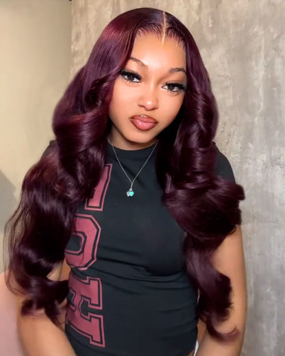 Arabella 13x6/13x4/6x5 Glueless Wig Dark Plum Body Wave Wig Invisible Knots Realistic Hairline