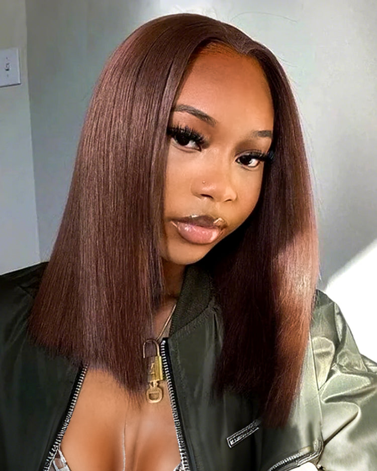 Arabella 6x5 invisible knots Glueless &amp; 13x4 lace Chocolate Brown Straight Bob Wig Pre-cut Lace Beginner Friendly