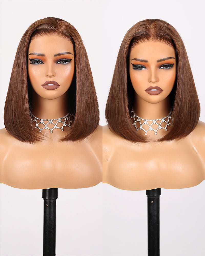 Arabella 6x5 invisible knots Glueless &amp; 13x4 lace Chocolate Brown Straight Bob Wig Pre-cut Lace Beginner Friendly