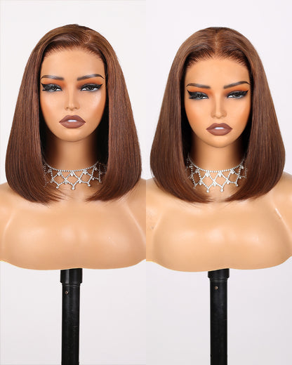 Arabella 6x5 invisible knots Glueless &amp; 13x4 lace Chocolate Brown Straight Bob Wig Pre-cut Lace Beginner Friendly