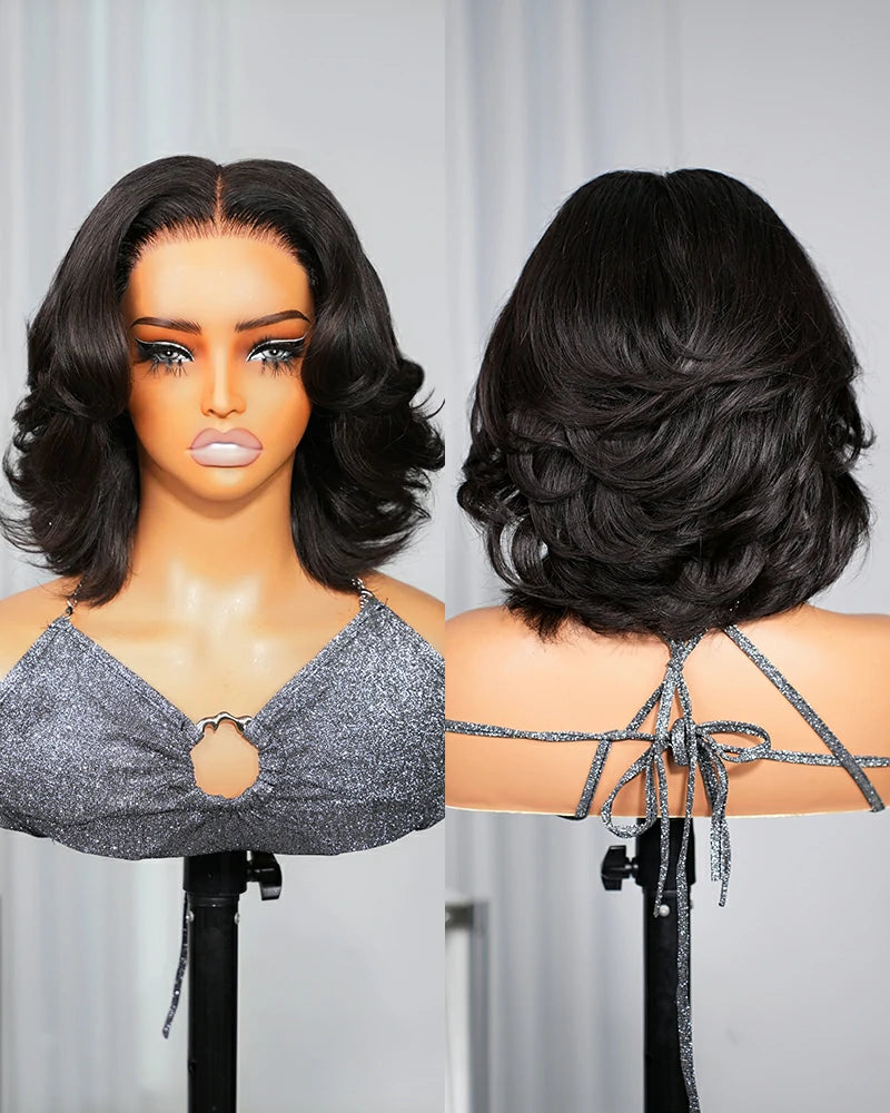 black loose wave bob human hair wig front vs back view, pre plucked wig