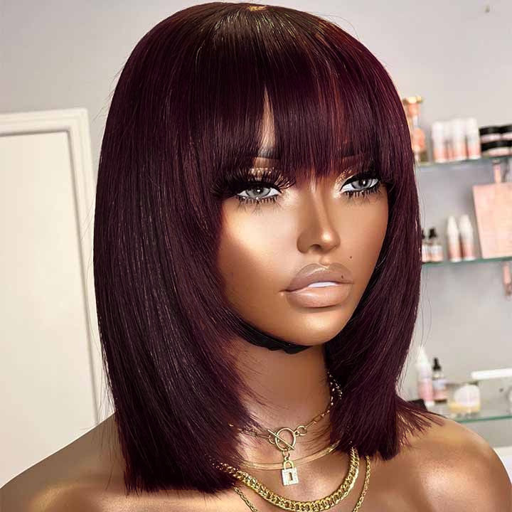 Reddish Purple Layered Cut Straight Bob Wig With Bangs Non-Lace Machine Made Colored Human Hair Wigs
