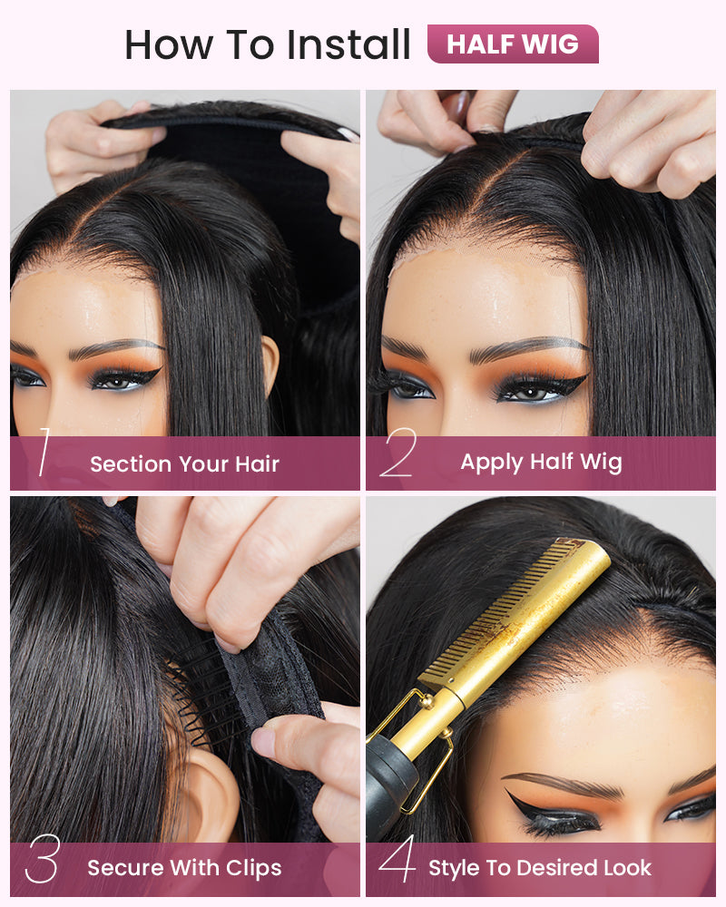 3 In 1 Half Wig | Silky Straight Natural Black Half Wig Beginner-Friendly Human Hair Wigs