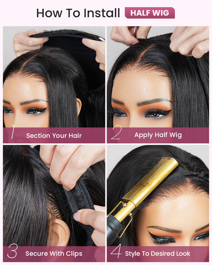3 In 1 Half Wig | Silky Straight Natural Black Half Wig Beginner-Friendly Human Hair Wigs