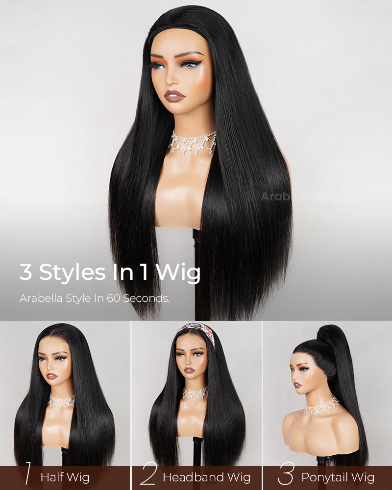 3 In 1 Half Wig | Silky Straight Natural Black Half Wig Beginner-Friendly Human Hair Wigs