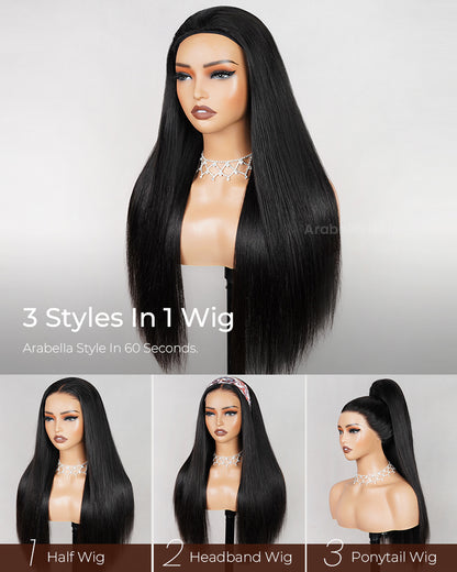 3 In 1 Half Wig | Silky Straight Natural Black Half Wig Beginner-Friendly Human Hair Wigs