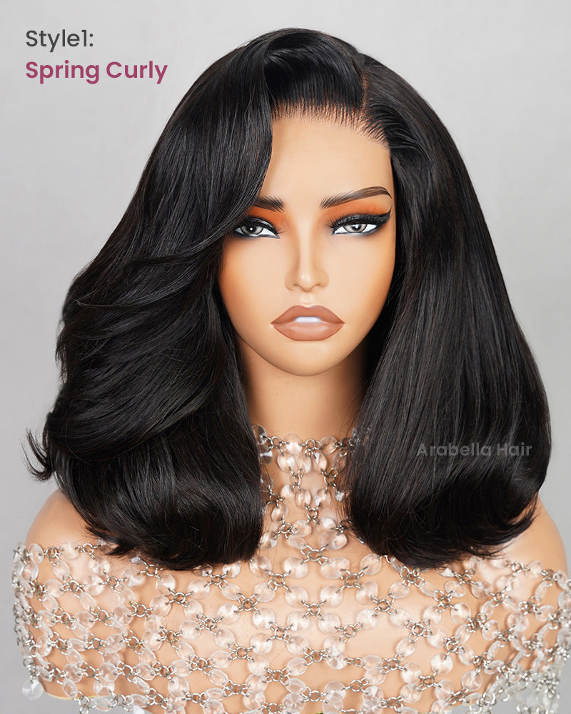 【Bogo Sale】Spring Curly Natural Black Layered Short Bob 6x5 Pre-Cut Lace Human Hair Wig