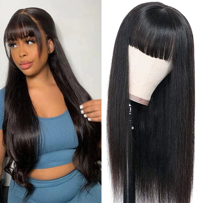 24&quot; Straight With Bangs Machine Made Natural Black Protective Style Human Hair Wigs