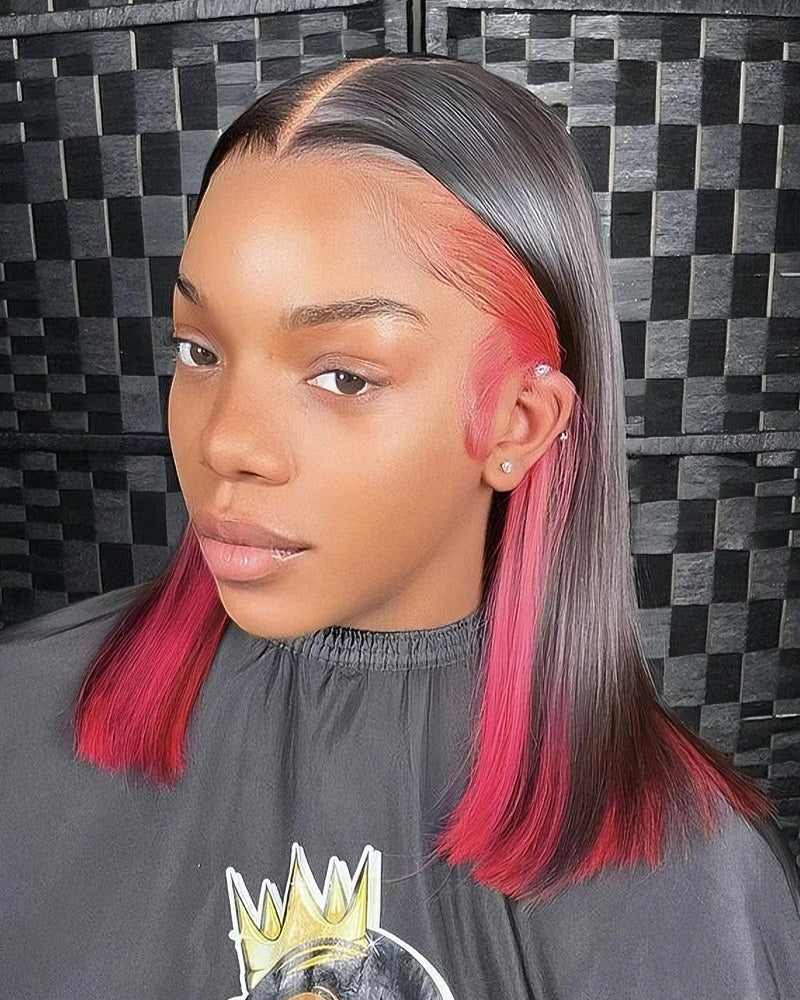 【Bogo Sale】Red Peekaboo Highlights Color Short Bob Straight 13x4 Lace Front Human Hair Wigs