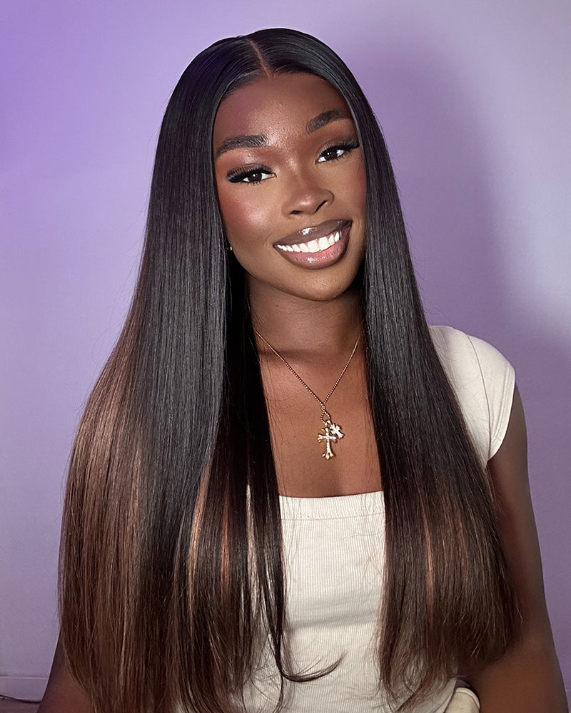 24&quot;=$168 | Black Chocolate Peach Ombre Color Straight Pre-Cut 6x5 Glueless Lace Human Hair Wig