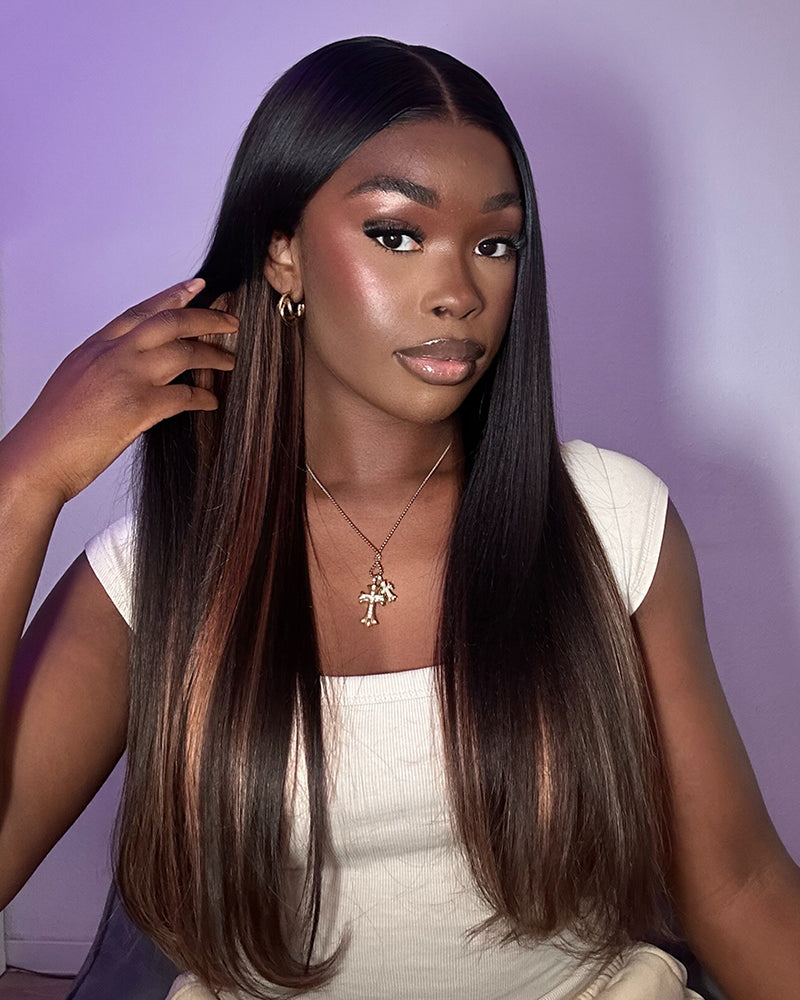 Black Chocolate Peach Ombre Color Straight Pre-Cut 6x5 Glueless Lace Human Hair Wig