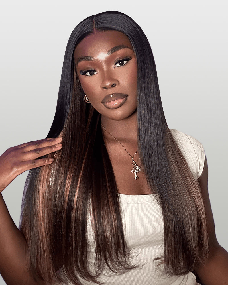 Black Chocolate Peach Ombre Color Straight Pre-Cut 6x5 Glueless Lace Human Hair Wig