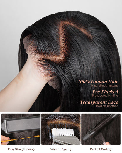 Short Bob Natural Black Silky Straight 6x5 Pre-cut Glueless Human Hair Wigs