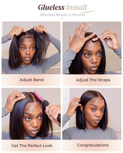Short Bob Natural Black Silky Straight 6x5 Pre-cut Glueless Human Hair Wigs
